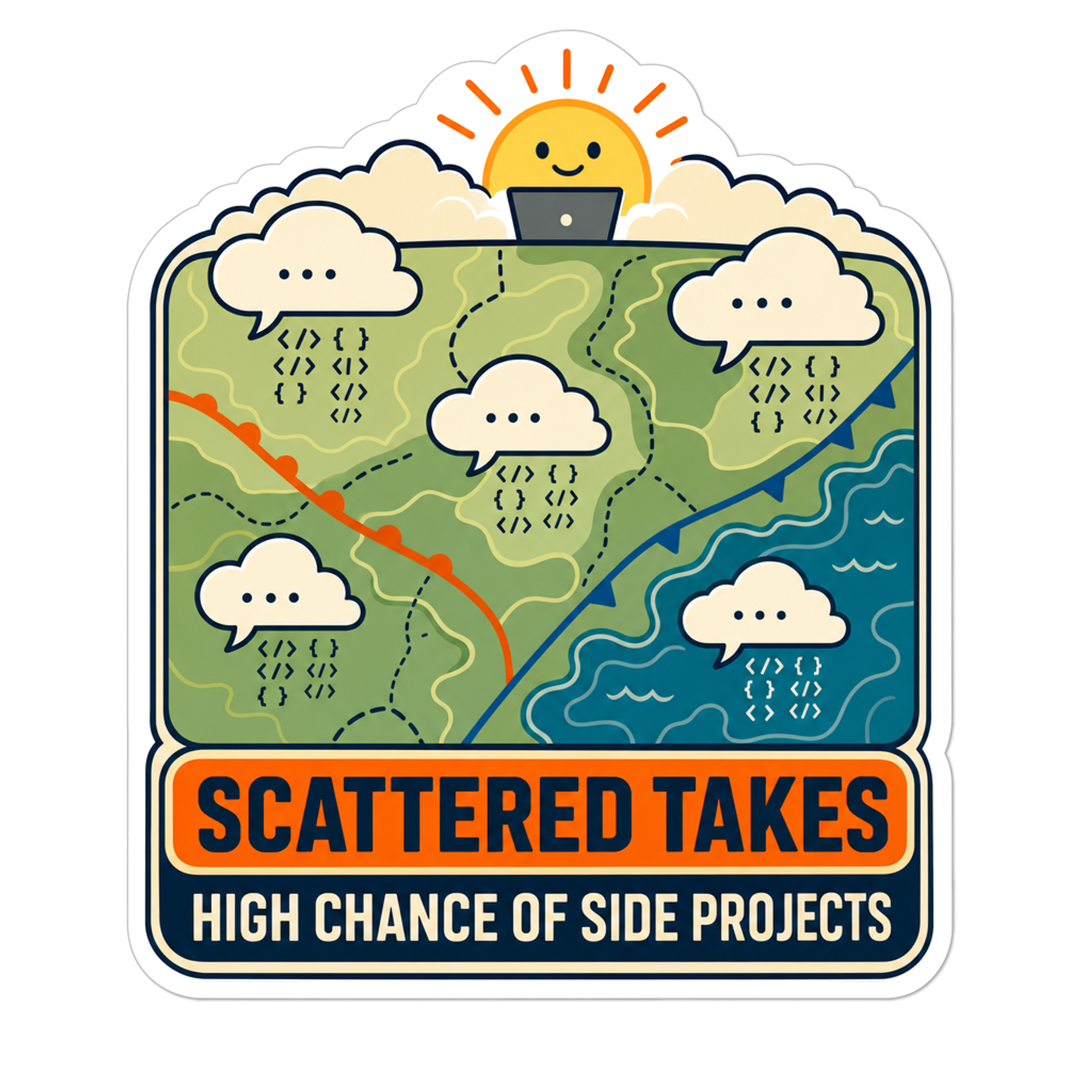 Forum weather report sticker with map art and 'Scattered Takes' headline