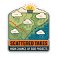 Forum weather report sticker with map art and 'Scattered Takes' headline