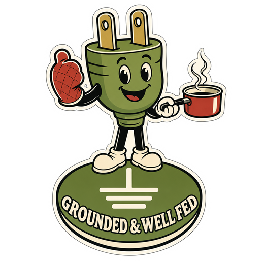 Cartoon green mascot sticker holding a chili and a mug