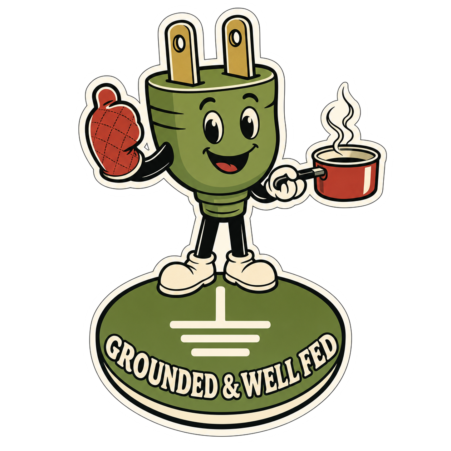 Cartoon green mascot sticker holding a chili and a mug