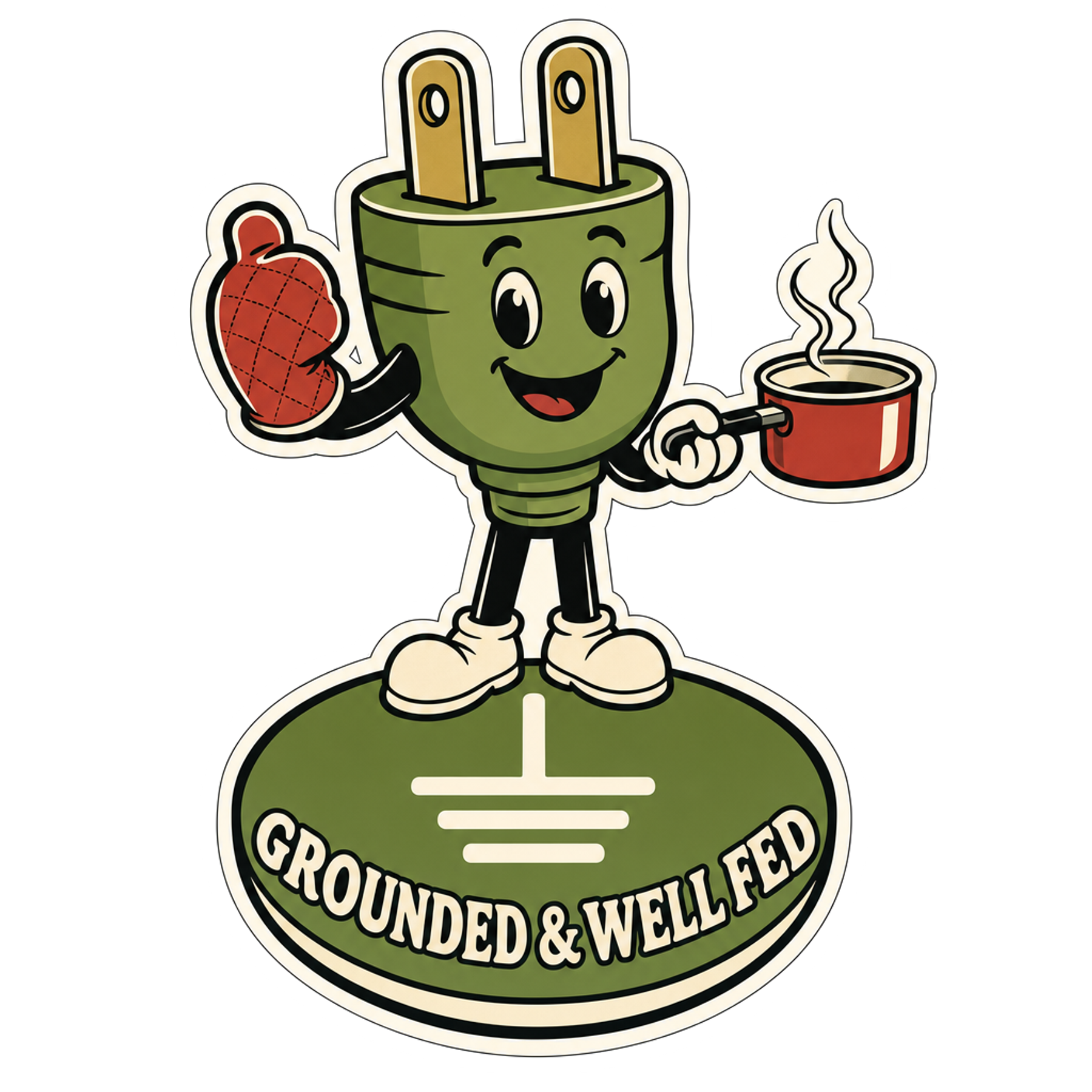 Cartoon green mascot sticker holding a chili and a mug