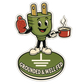 Cartoon green mascot sticker holding a chili and a mug
