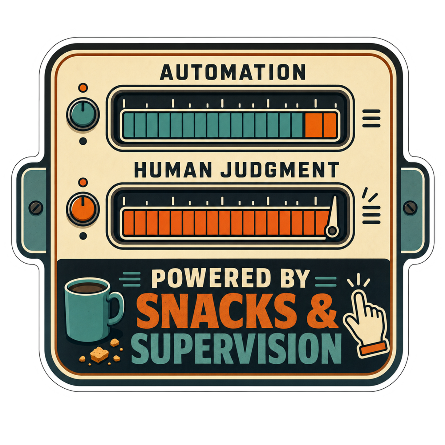 Fuel gauge automation sticker: 'Powered by Snacks & Supervision' text.