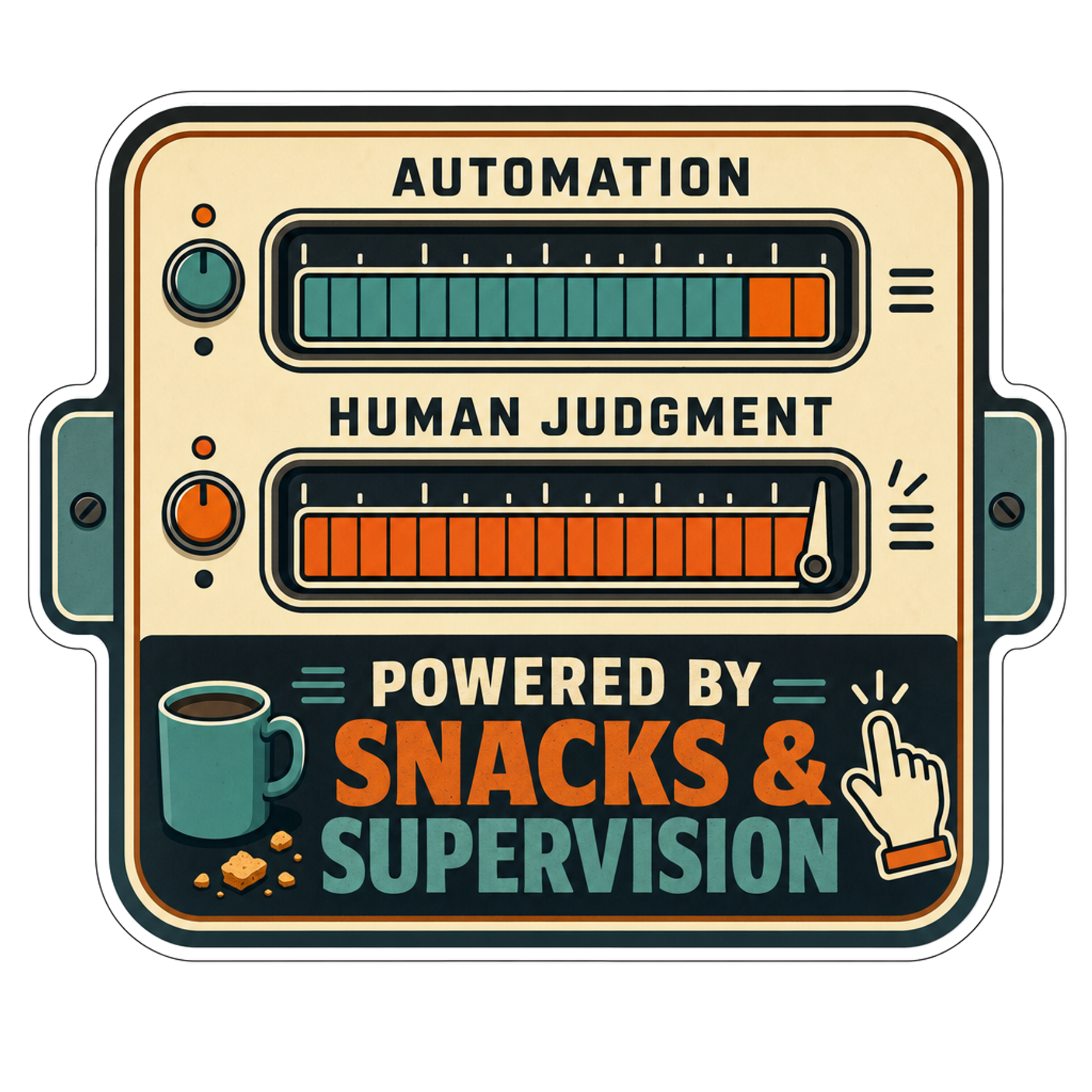 Fuel gauge automation sticker: 'Powered by Snacks & Supervision' text.