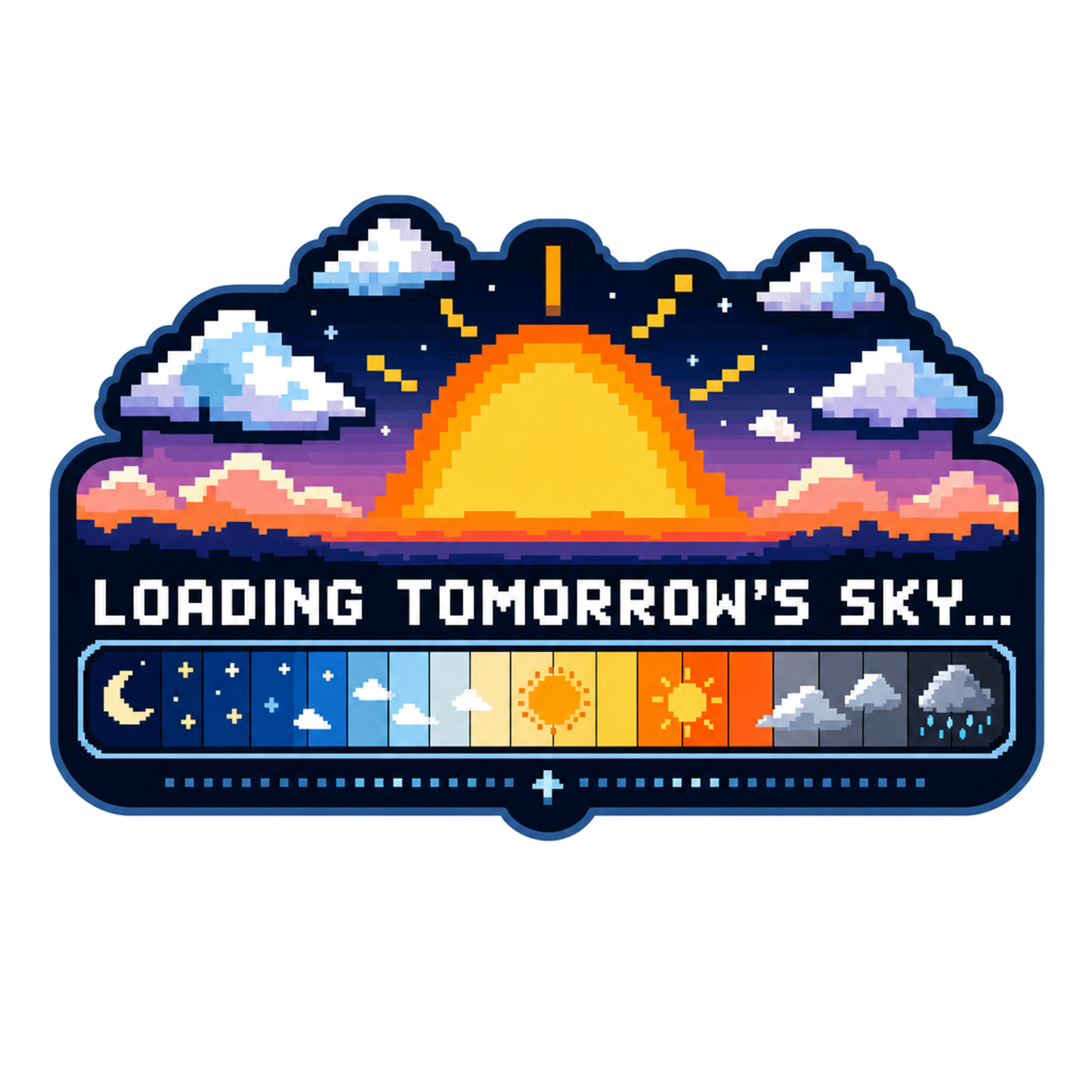 Colorful sky sunrise sticker with clouds and “Loading Tomorrow’s Sky” text