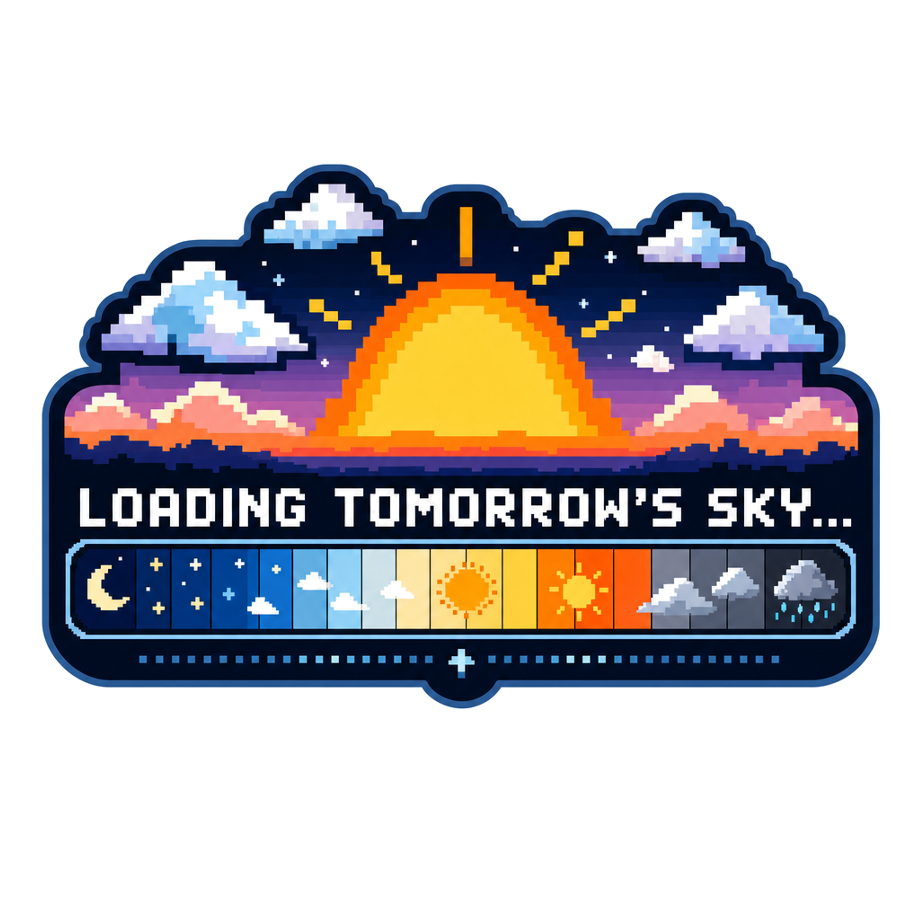 Colorful sky sunrise sticker with clouds and “Loading Tomorrow’s Sky” text