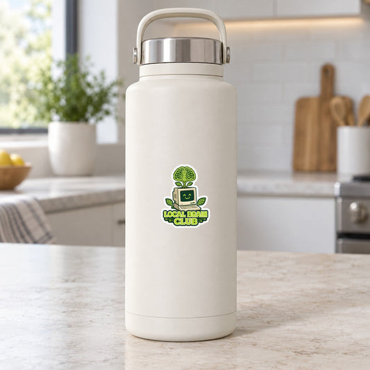 Small green Local Brain Club logo sticker on a white insulated bottle