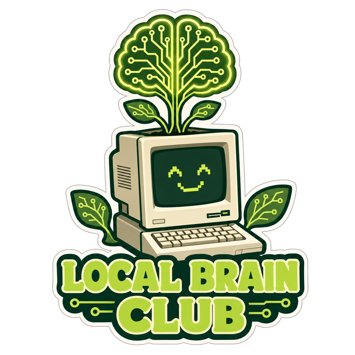Brain and computer graphic sticker with green circuit lines and text banner