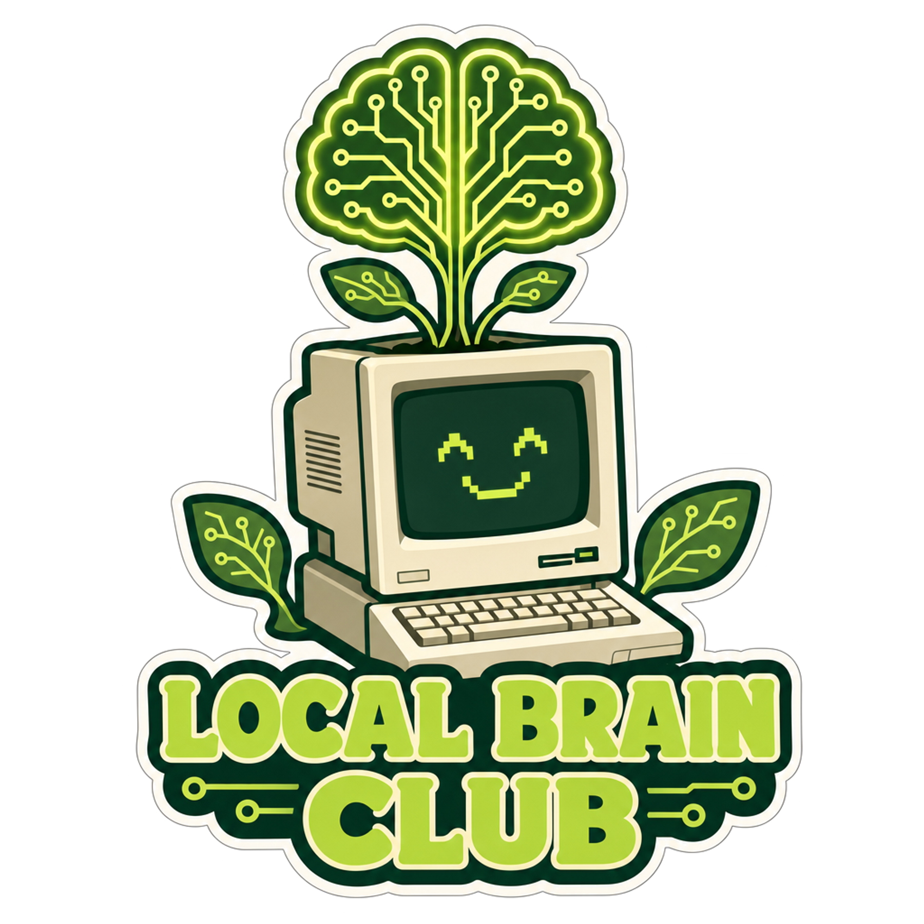 Brain and computer graphic sticker with green circuit lines and text banner