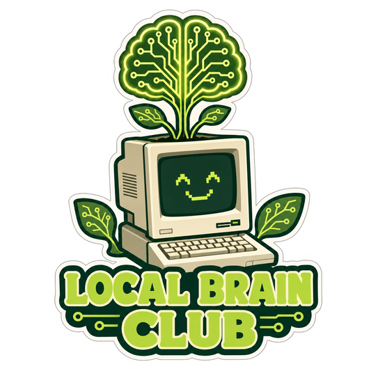 Brain and computer graphic sticker with green circuit lines and text banner