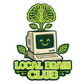 Brain and computer graphic sticker with green circuit lines and text banner