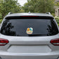 Low Battery, High Tide Sticker, 5 inch size shown at realistic scale on car rear window