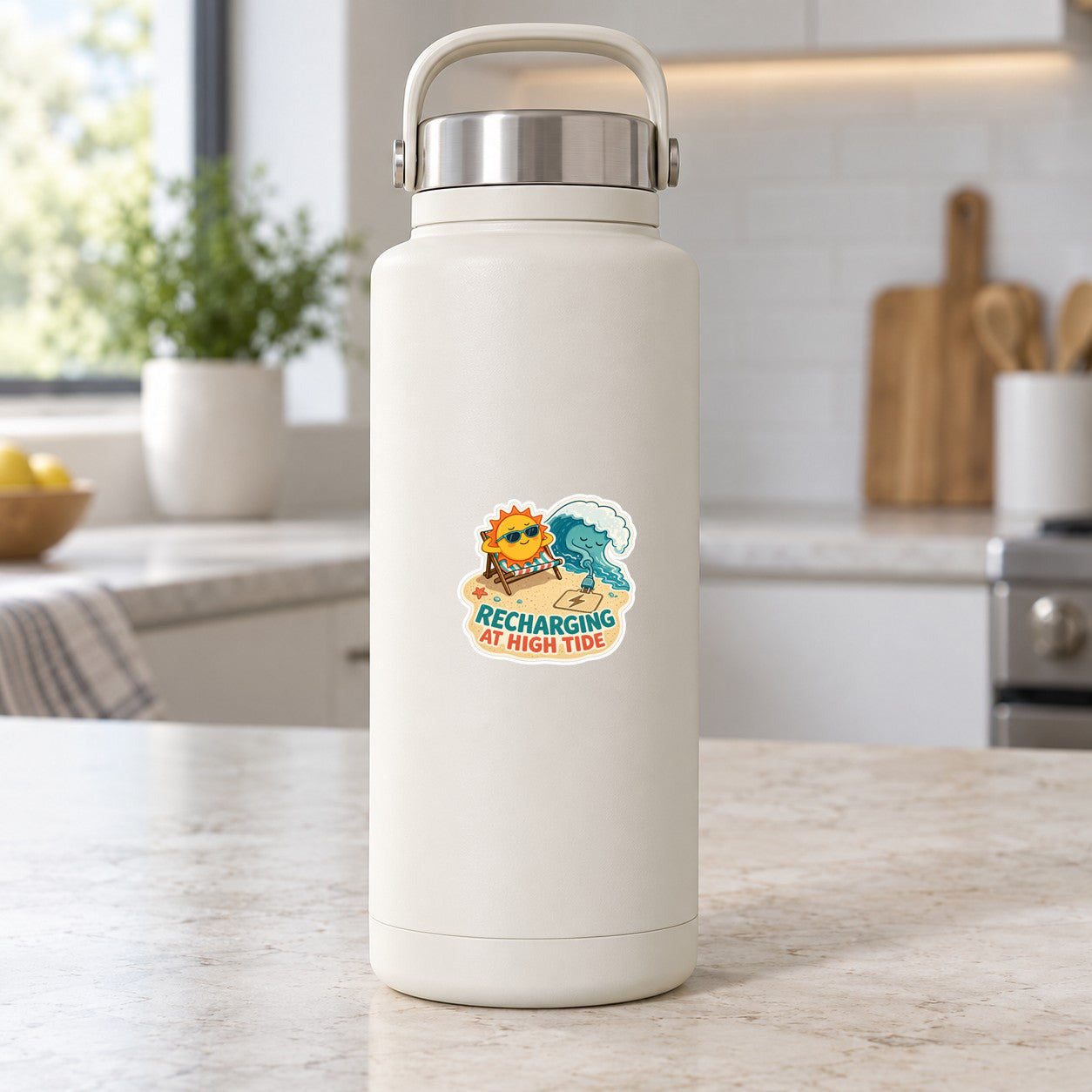 Low Battery, High Tide Sticker, 2.5 inch size shown at realistic scale on water bottle