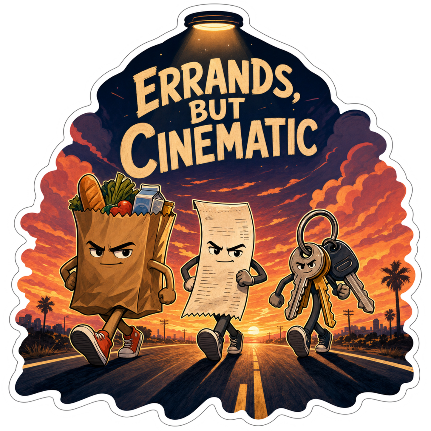Errands cinematic sticker with cartoon characters, keys, and bold text in warm sunset colors