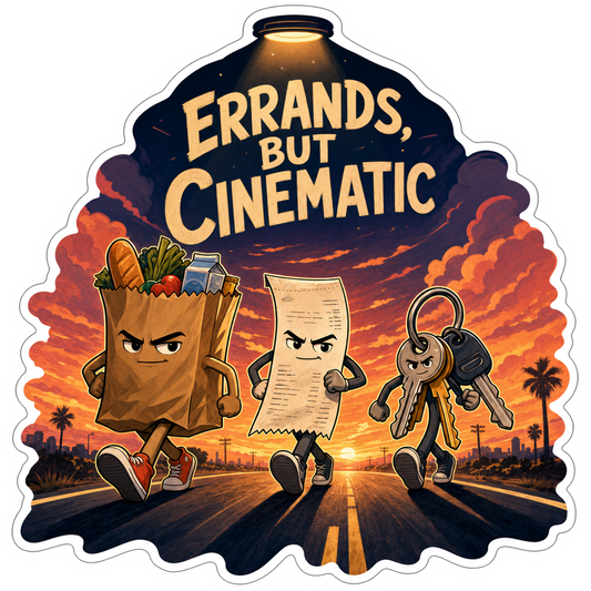 Errands cinematic sticker with cartoon characters, keys, and bold text in warm sunset colors