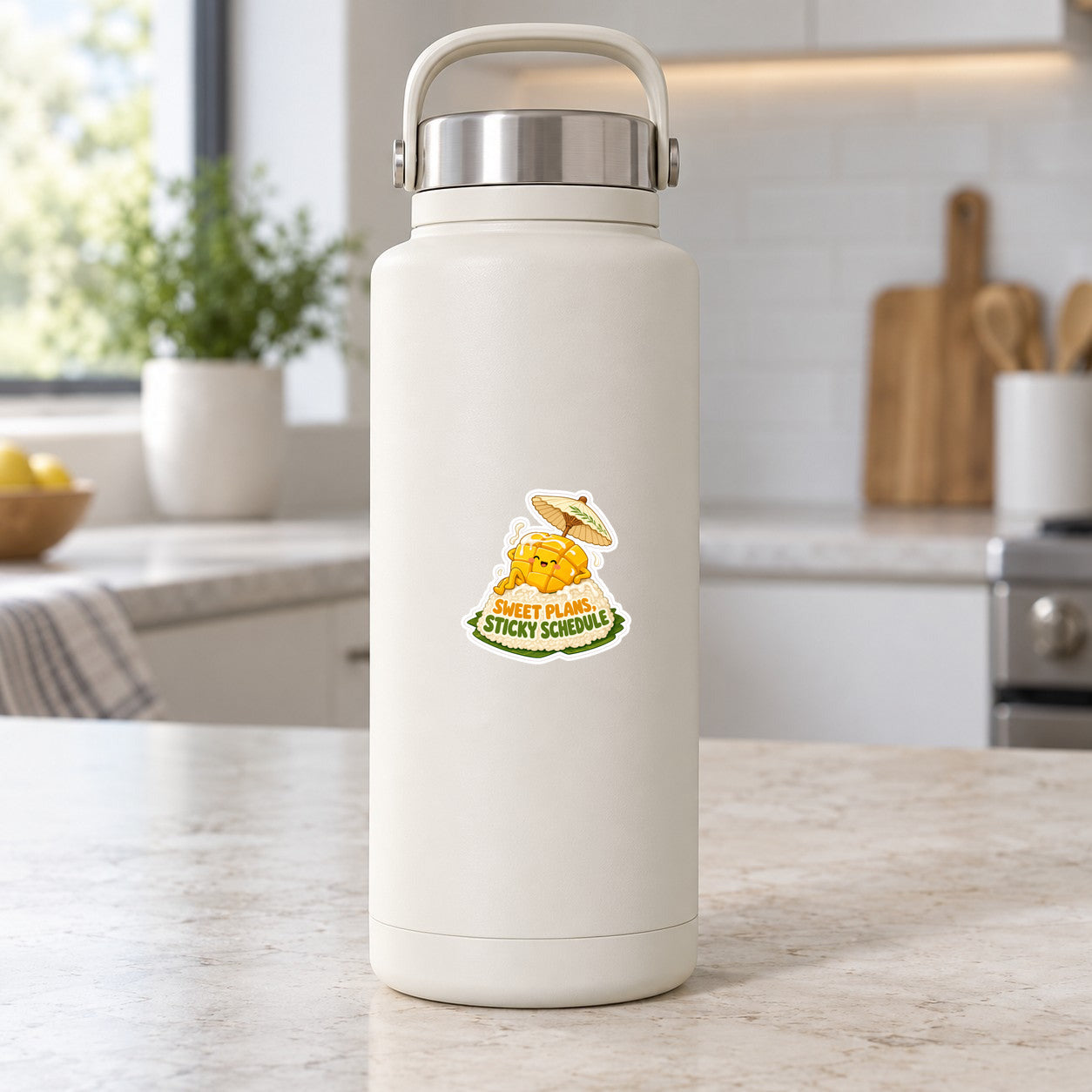 Mango Sticky Mood Sticker, 2.5 inch size shown at realistic scale on water bottle