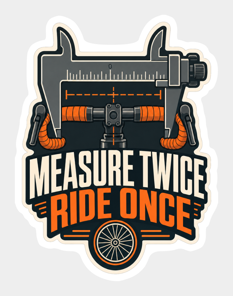 Vinyl sticker with bicycle handlebars, a measuring ruler, and “Measure Twice Ride Once” lettering