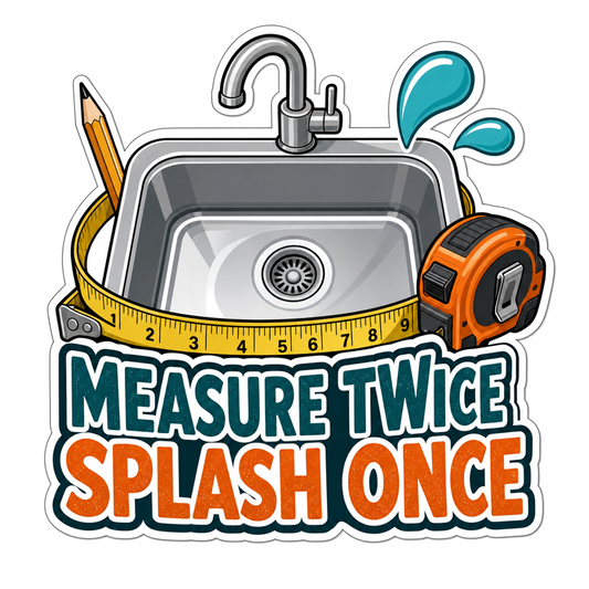 Sink and tools sticker with text “MEASURE TWICE, SPLASH ONCE”