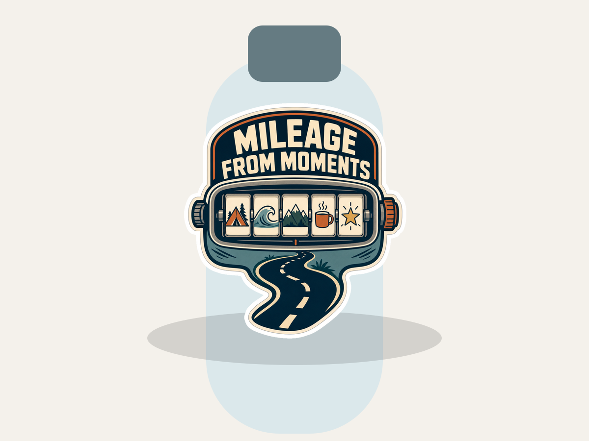 Mileage From Moments Sticker shown on a water bottle mockup