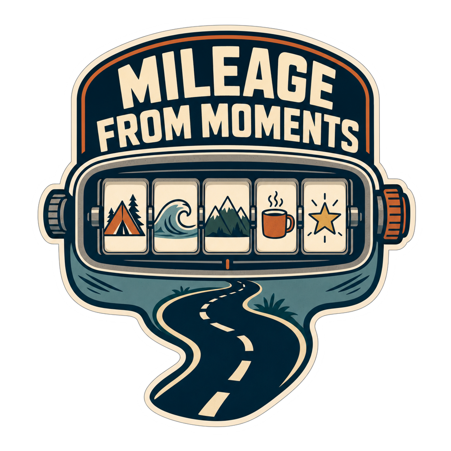 Colorful speech-bubble sticker with scenic icons and road graphic, multicolor outline