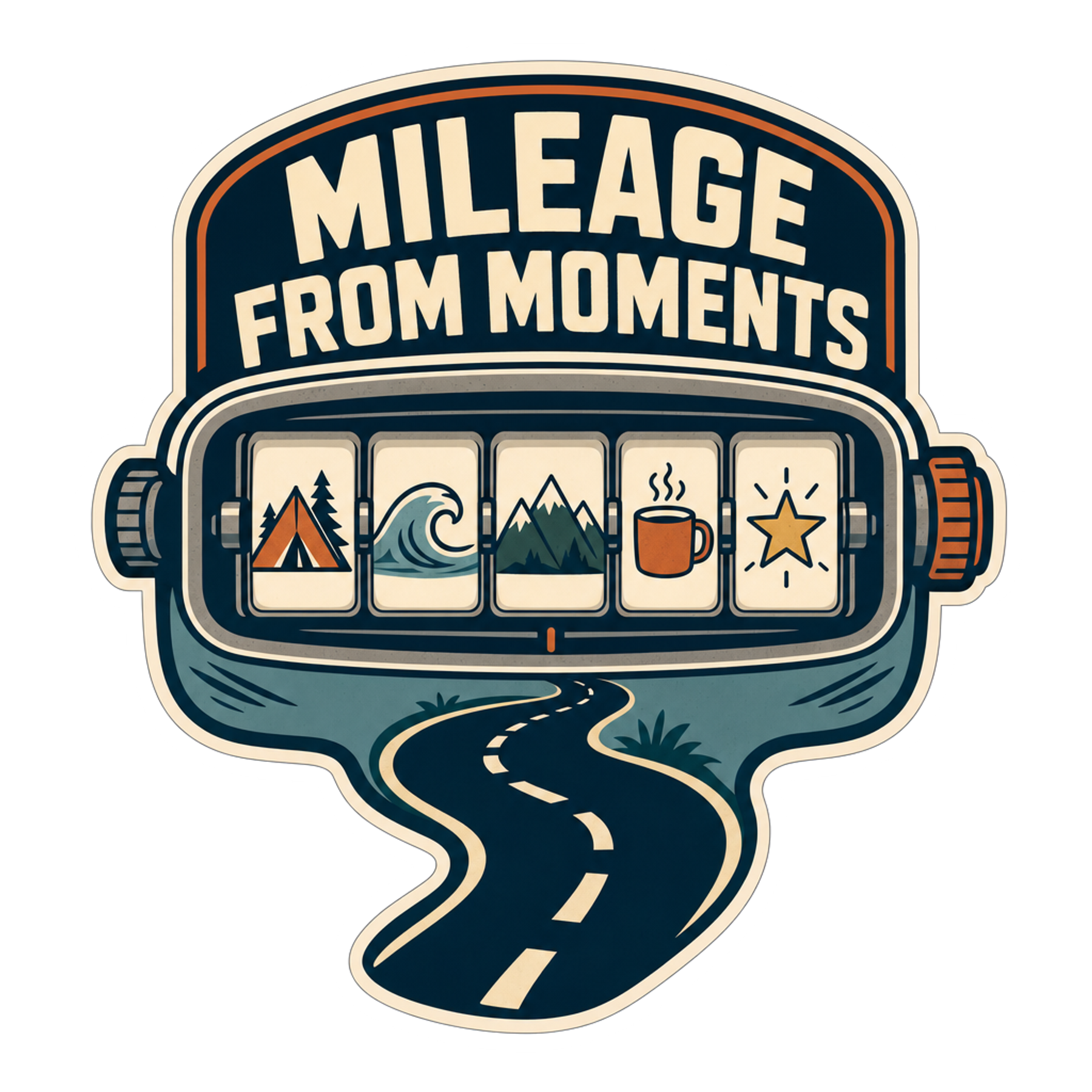 Colorful speech-bubble sticker with scenic icons and road graphic, multicolor outline