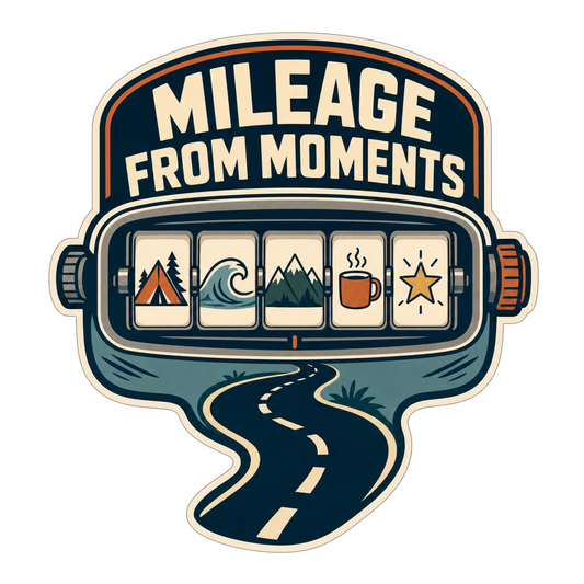 Colorful speech-bubble sticker with scenic icons and road graphic, multicolor outline