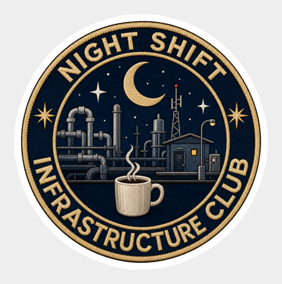 Round vinyl sticker with gold lettering and an industrial night scene on a navy background