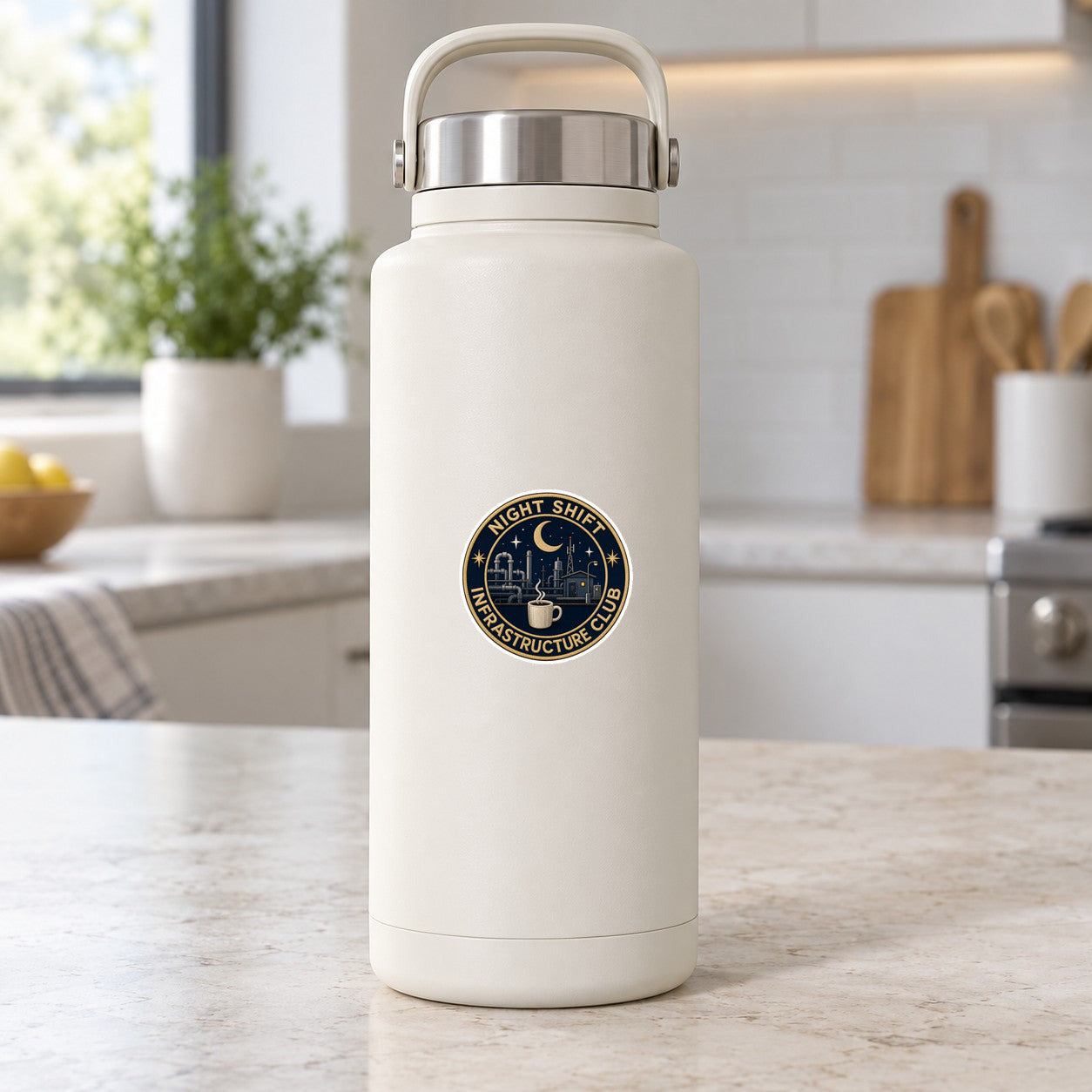 Circular night shift sticker on a white bottle: gold border with blue night infrastructure art