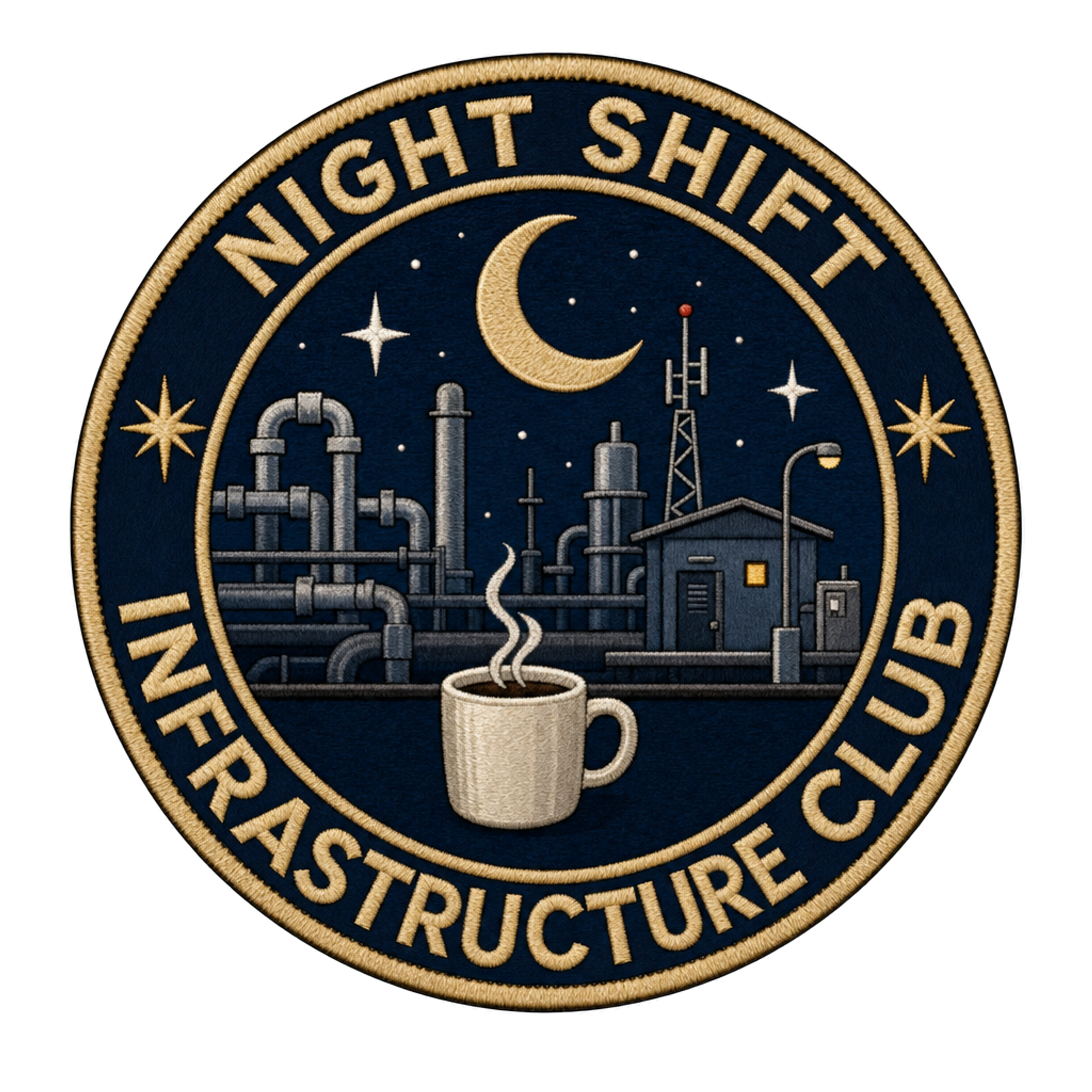 Circular night shift sticker with gold border, dark blue night scene, and city skyline