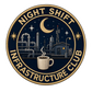 Circular night shift sticker with gold border, dark blue night scene, and city skyline