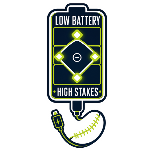 Battery low warning sticker with 'HIGH STAKES' graphic and green gauge icon