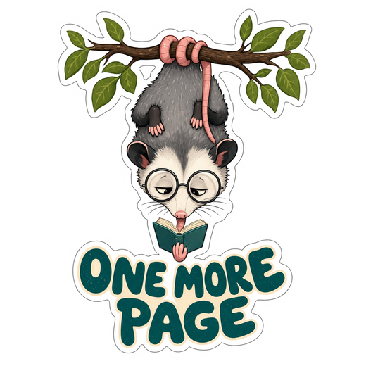 Cartoon opossum sticker reading “One More Page” with green book and leaves