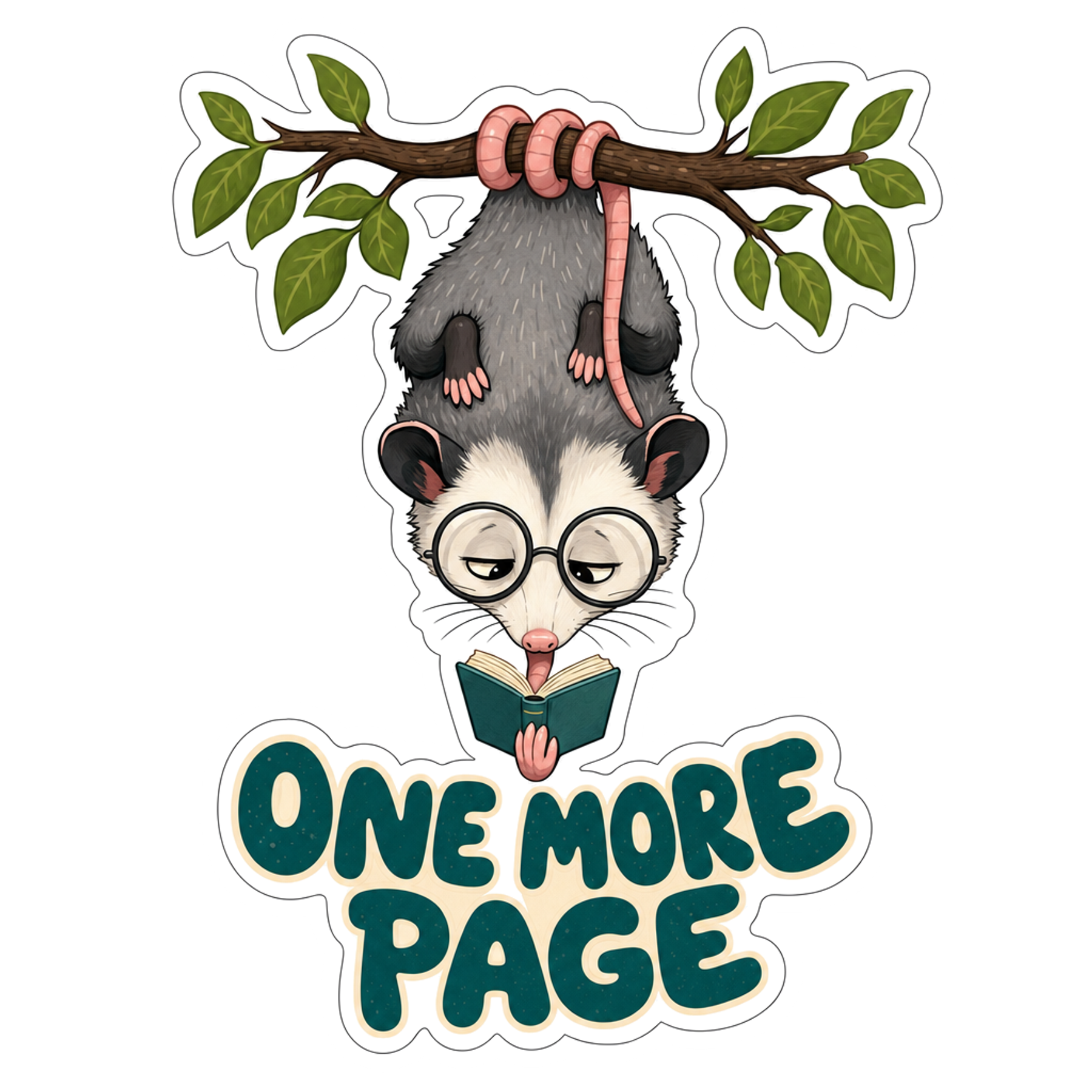 Cartoon opossum sticker reading “One More Page” with green book and leaves