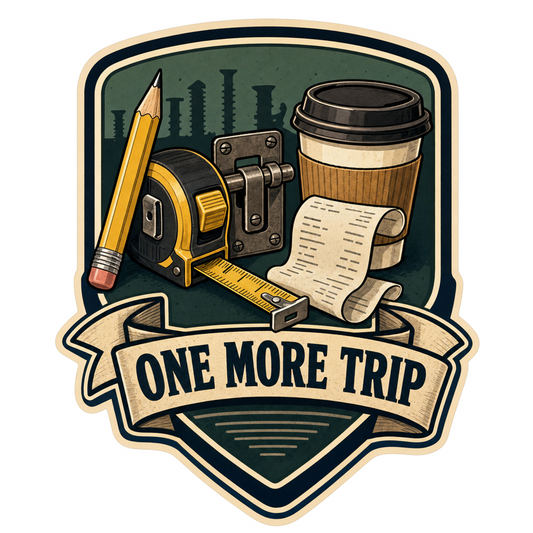 Hardware-themed sticker with tool illustration and 'ONE MORE TRIP' ribbon