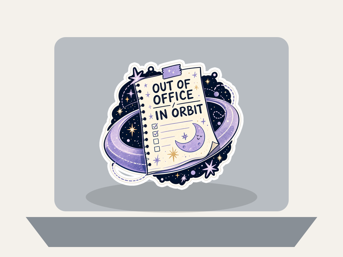 Orbiting Errands Sticker shown on a laptop mockup