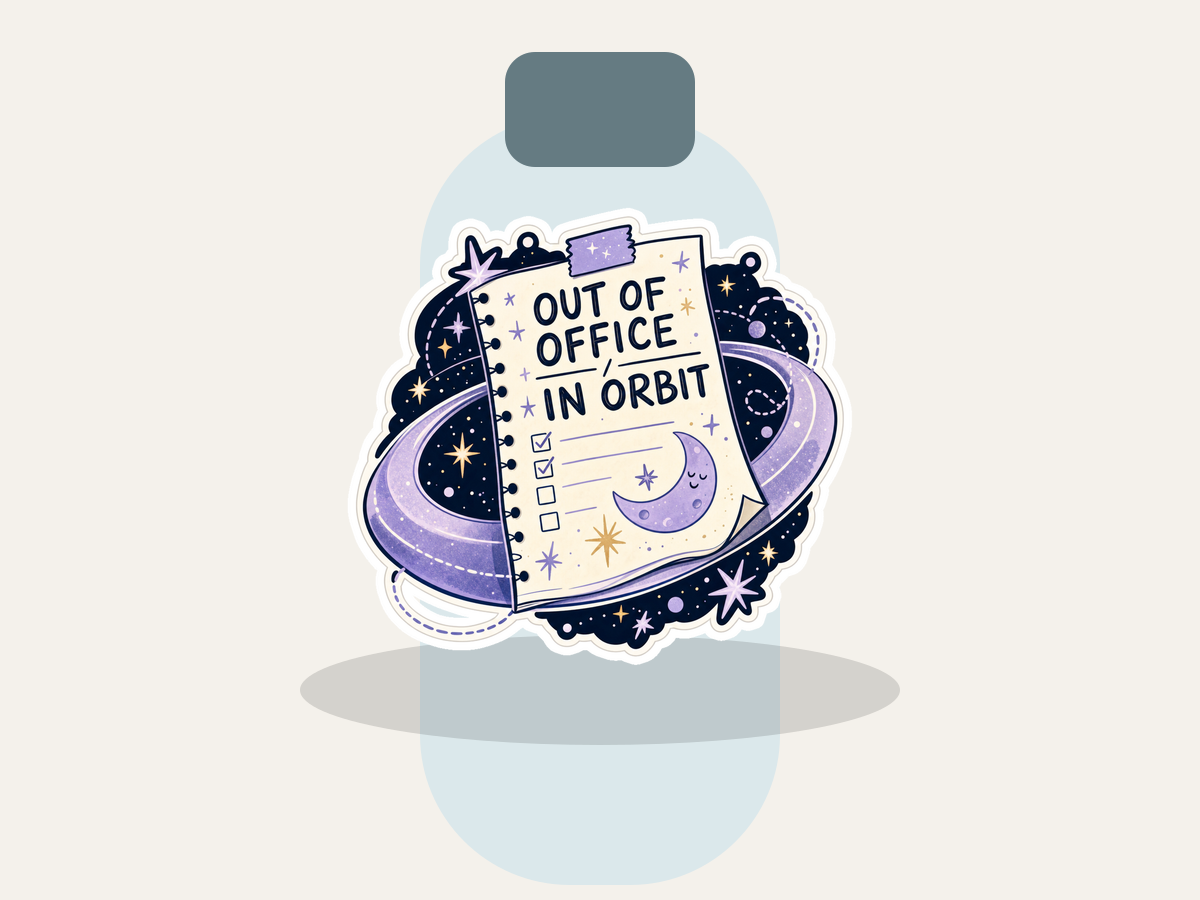 Orbiting Errands Sticker shown on a water bottle mockup