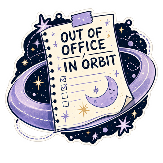 Space-themed sticker with 'Out of Office in Orbit' message, purple starry design