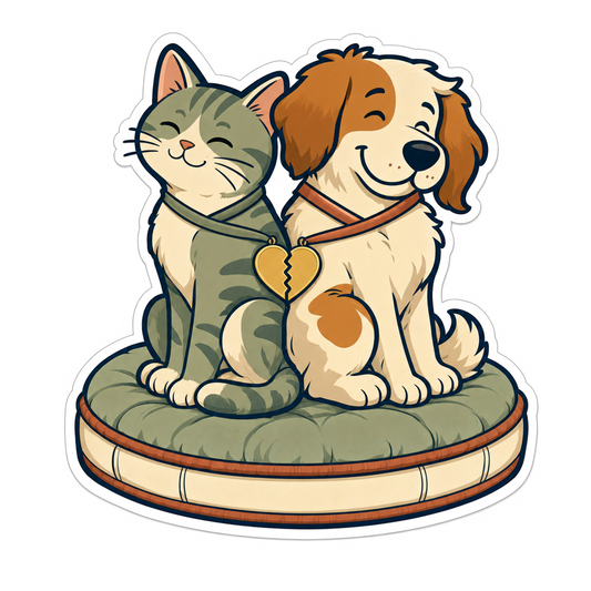 Pet Treaty Club sticker of a cat and dog sitting on a cushion, with a heart charm