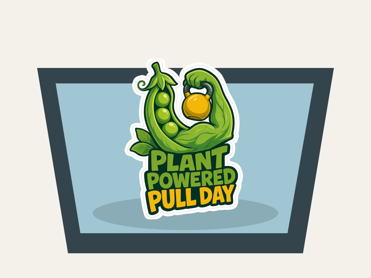 Die-cut sticker of a green plant mascot with yellow mug and bold 'Plant Powered PULLDAY' text