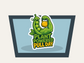 Die-cut sticker of a green plant mascot with yellow mug and bold 'Plant Powered PULLDAY' text