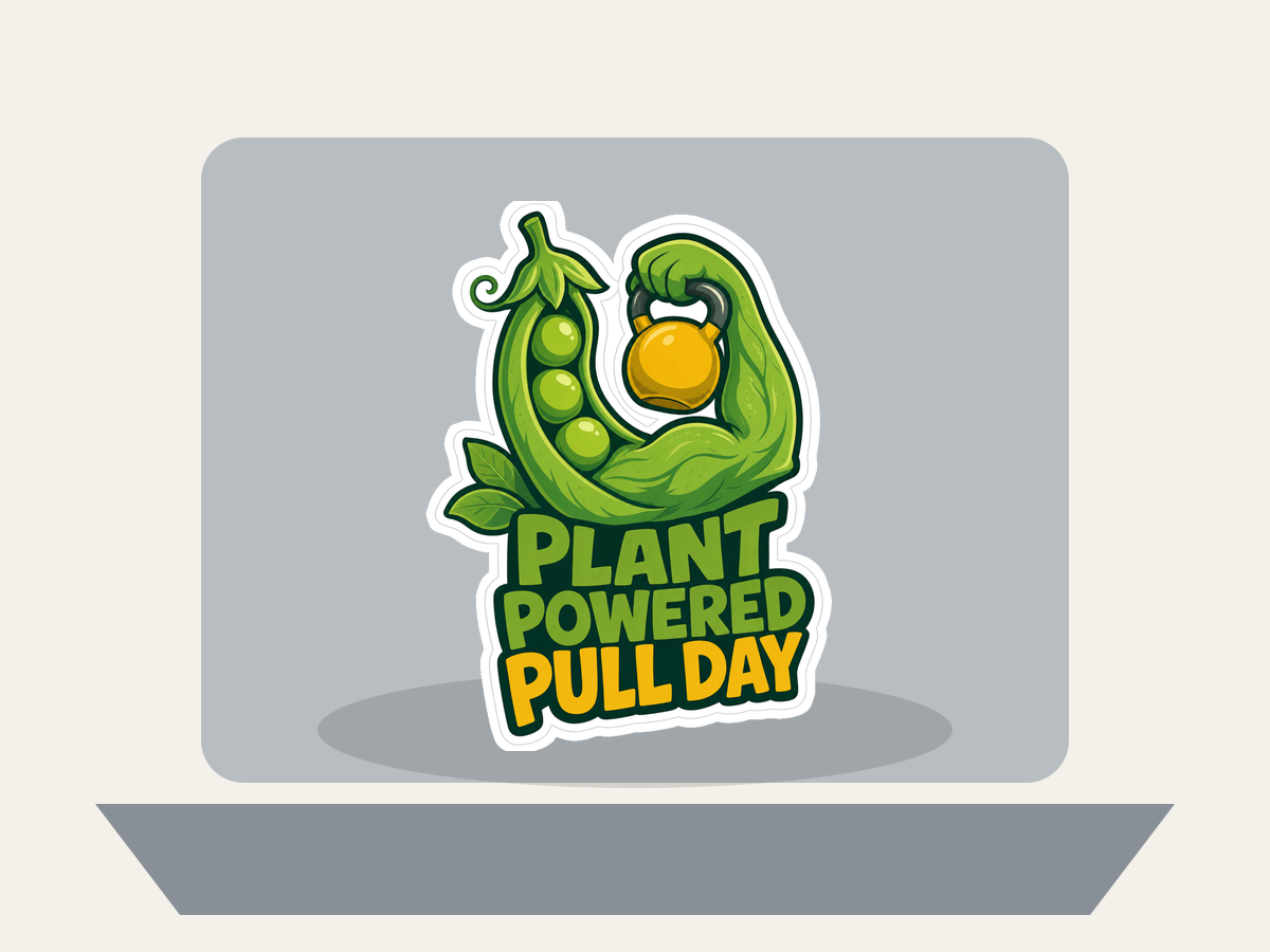 Die-cut green plant mascot sticker featuring a yellow mug and 'Plant Powered PULLDAY' badge