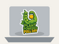 Die-cut green plant mascot sticker featuring a yellow mug and 'Plant Powered PULLDAY' badge
