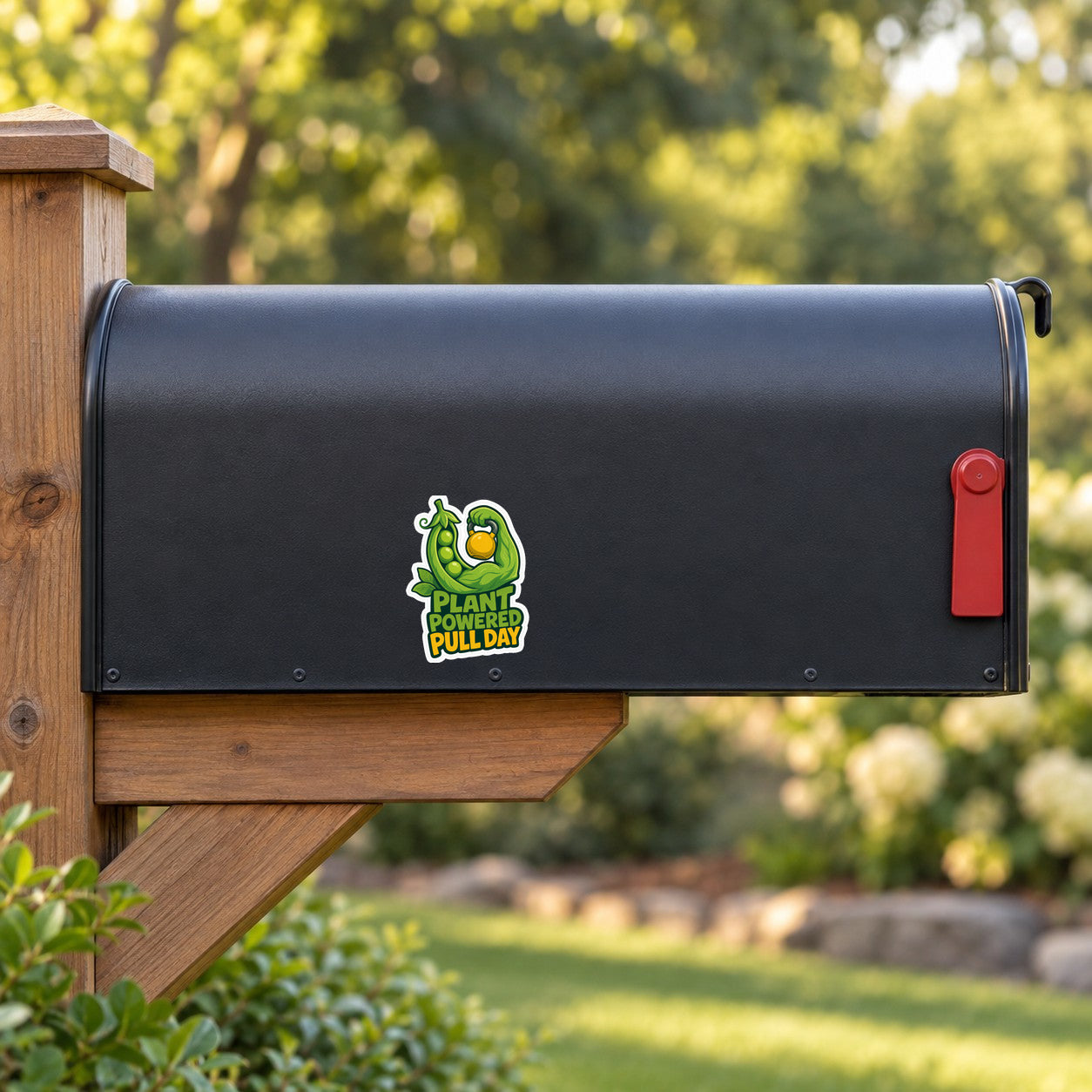Plant-powered pull day sticker with green plant logo and kettlebell graphic, small size
