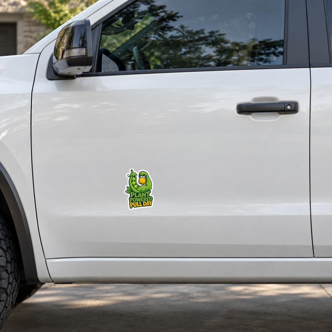 Plant-powered pull day sticker with green plant emblem and yellow kettlebell icon