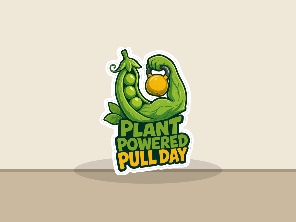 Centered die-cut plant mascot sticker with yellow mug and 'Plant Powered PULLDAY' text