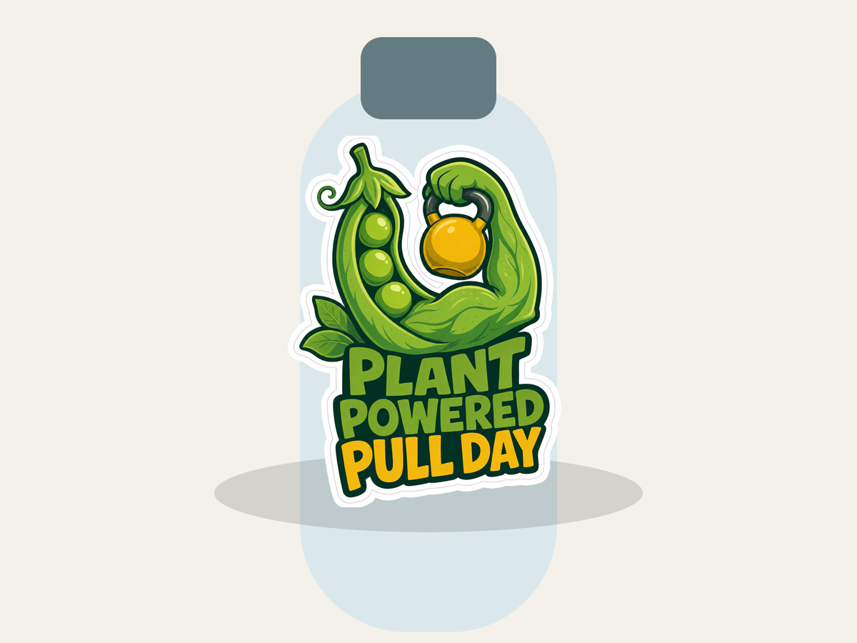 Die-cut plant mascot sticker with yellow mug in green leaves; 'Plant Powered PULLDAY' lettering