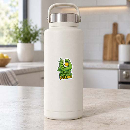 Plant-powered pull day sticker showing green plant character holding a yellow kettlebell