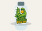 Die-cut plant mascot sticker with yellow mug in green leaves; 'Plant Powered PULLDAY' lettering