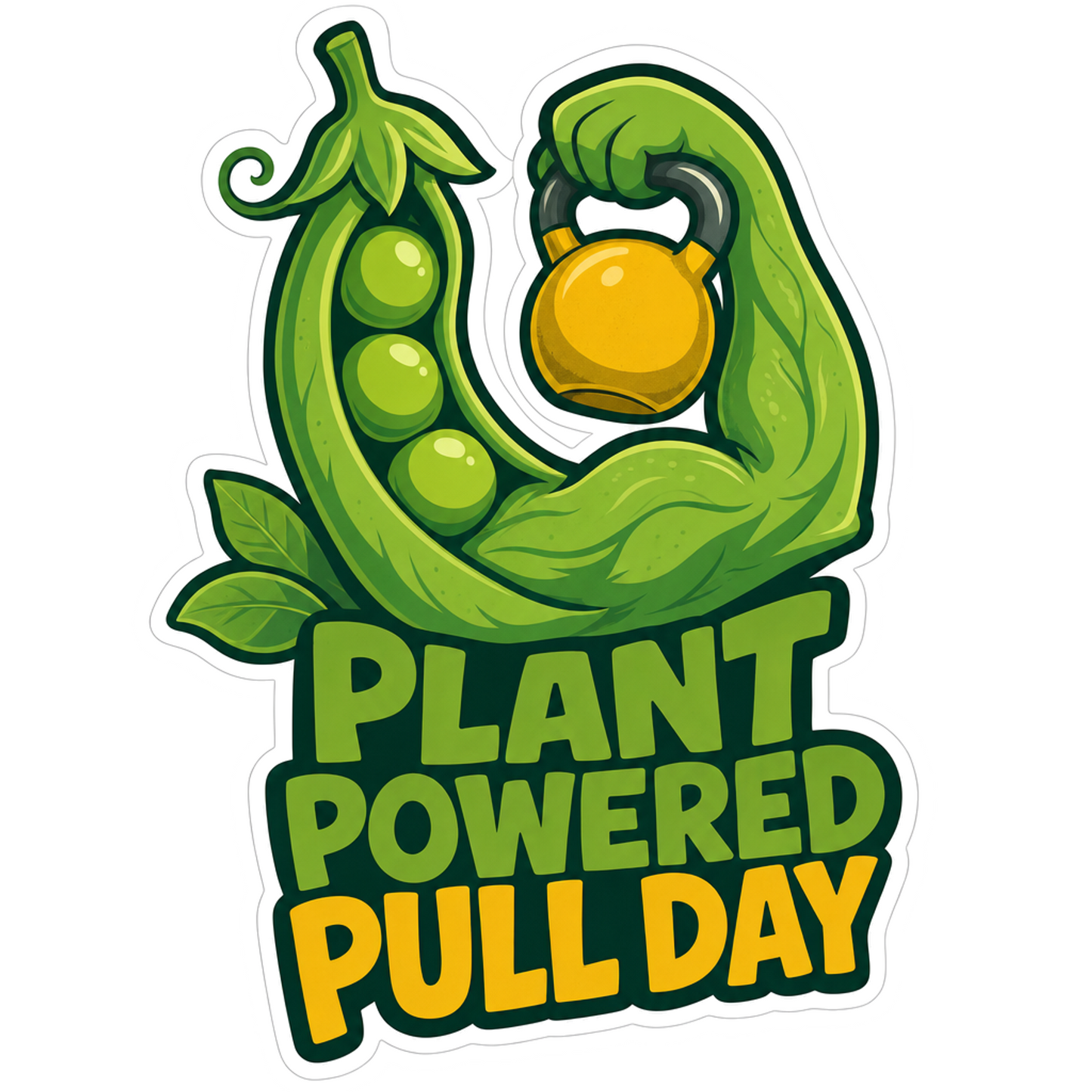 Die-cut green plant mascot sticker with yellow mug and bold 'Plant Powered PULLDAY' text