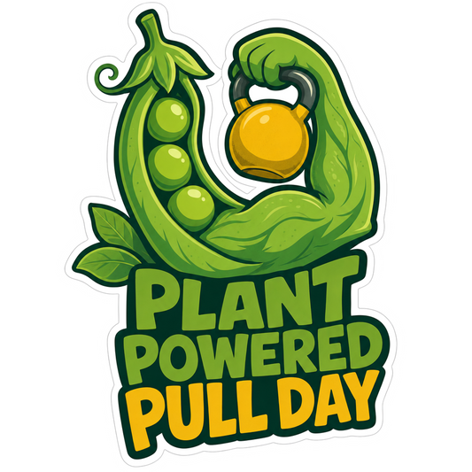 Plant-powered pull day sticker with green plant logo and yellow kettlebell icon